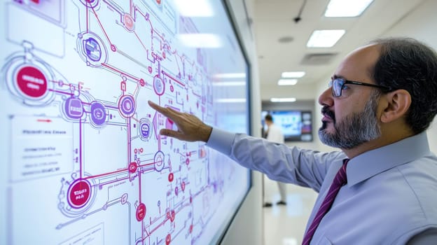 Businessman analyzing digital integration data on large screen.