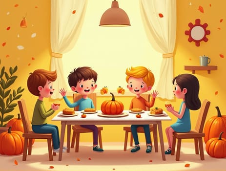 Cheerful Kids Celebrating Thanksgiving at Festive Table: Cute Cartoon Illustration in Autumn Colors. Adorable Kawaii-Style Scene with Fall Decorations and a Joyful Family Gathering. Cheerful Kids Celebrating Thanksgiving at Festive Table: Cute Cartoon Illustration in Autumn Colors. Adorable Kawaii-Style Scene with Fall Decorations and a Joyful Family Gathering.