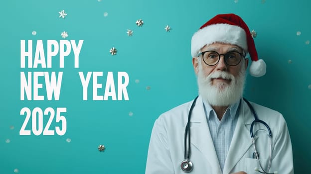 Male doctor in white coat with Santa hat celebrating New Year 2025.