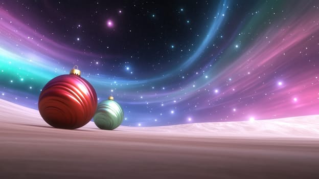 Surreal Christmas landscape with oversized baubles under starry sky.