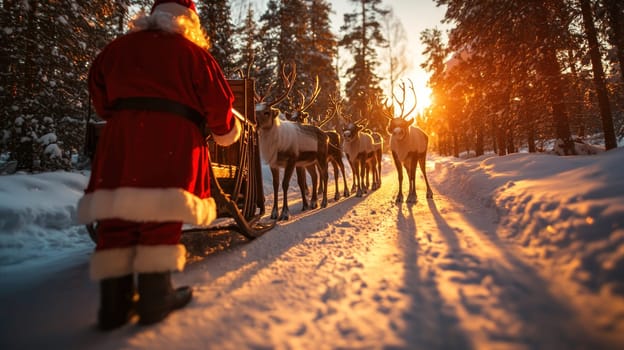 joyful Santa Claus prepares his sleigh with reindeer in snowy forest.