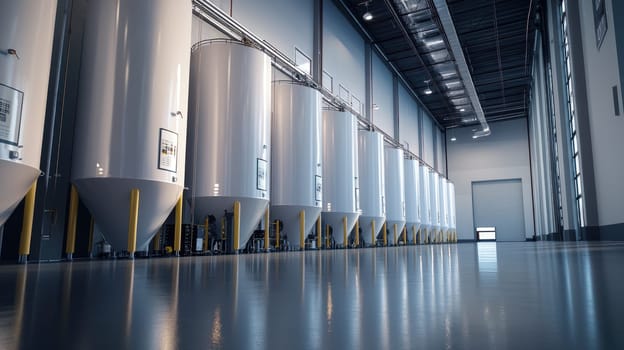 Large biofuel storage tanks in modern processing facility create eco friendly atmosphere.