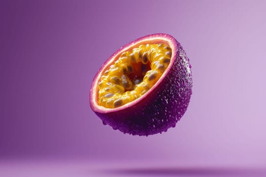 A stunning image of a sliced passion fruit suspended in mid air, showcasing its vibrant interior and glistening texture, perfect for creative projects.