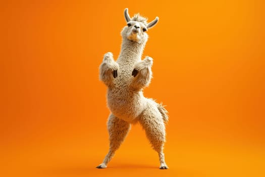 This surreal image features a playful llama performing a dab against a vivid orange background, capturing a whimsical and humorous scene perfect for creative projects.