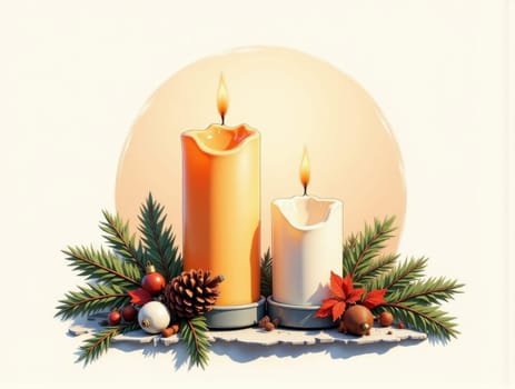 Three Candles Glow on a Window Sill Surrounded by Evergreen Branches and Glass Ornaments. A Cozy Christmas and Thanksgiving Scene Evoking Warmth and Holiday Spirit. This enchanting image features three flickering candles placed on a window sill, casting a warm glow that enhances the festive atmosphere of Christmas and Thanksgiving. The candles are beautifully complemented by fresh evergreen branches and colorful glass ornaments, creating a charming holiday display. The soft light from the candles reflects off the ornaments, adding a magical touch to the scene. This cozy setup is perfect for capturing the essence of the holiday season, making it ideal for use in greeting cards, holiday decorations, or marketing materials focused on festive celebrations and home decor.