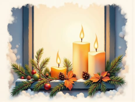 Three Candles Glow on a Window Sill Surrounded by Evergreen Branches and Glass Ornaments. A Cozy Christmas and Thanksgiving Scene Evoking Warmth and Holiday Spirit. This enchanting image features three flickering candles placed on a window sill, casting a warm glow that enhances the festive atmosphere of Christmas and Thanksgiving. The candles are beautifully complemented by fresh evergreen branches and colorful glass ornaments, creating a charming holiday display. The soft light from the candles reflects off the ornaments, adding a magical touch to the scene. This cozy setup is perfect for capturing the essence of the holiday season, making it ideal for use in greeting cards, holiday decorations, or marketing materials focused on festive celebrations and home decor.