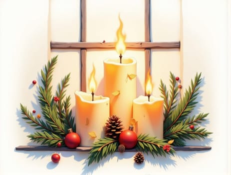 Three Candles Glow on a Window Sill Surrounded by Evergreen Branches and Glass Ornaments. A Cozy Christmas and Thanksgiving Scene Evoking Warmth and Holiday Spirit. This enchanting image features three flickering candles placed on a window sill, casting a warm glow that enhances the festive atmosphere of Christmas and Thanksgiving. The candles are beautifully complemented by fresh evergreen branches and colorful glass ornaments, creating a charming holiday display. The soft light from the candles reflects off the ornaments, adding a magical touch to the scene. This cozy setup is perfect for capturing the essence of the holiday season, making it ideal for use in greeting cards, holiday decorations, or marketing materials focused on festive celebrations and home decor.
