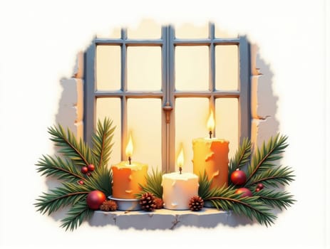 Three Candles Glow on a Window Sill Surrounded by Evergreen Branches and Glass Ornaments. A Cozy Christmas and Thanksgiving Scene Evoking Warmth and Holiday Spirit. This enchanting image features three flickering candles placed on a window sill, casting a warm glow that enhances the festive atmosphere of Christmas and Thanksgiving. The candles are beautifully complemented by fresh evergreen branches and colorful glass ornaments, creating a charming holiday display. The soft light from the candles reflects off the ornaments, adding a magical touch to the scene. This cozy setup is perfect for capturing the essence of the holiday season, making it ideal for use in greeting cards, holiday decorations, or marketing materials focused on festive celebrations and home decor.