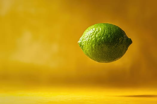 A vivid lime floats in mid air against a soft yellow background, creating a surreal and artistic composition perfect for food and nature themes.