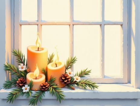 Three Candles Glow on a Window Sill Surrounded by Evergreen Branches and Glass Ornaments. A Cozy Christmas and Thanksgiving Scene Evoking Warmth and Holiday Spirit. This enchanting image features three flickering candles placed on a window sill, casting a warm glow that enhances the festive atmosphere of Christmas and Thanksgiving. The candles are beautifully complemented by fresh evergreen branches and colorful glass ornaments, creating a charming holiday display. The soft light from the candles reflects off the ornaments, adding a magical touch to the scene. This cozy setup is perfect for capturing the essence of the holiday season, making it ideal for use in greeting cards, holiday decorations, or marketing materials focused on festive celebrations and home decor.