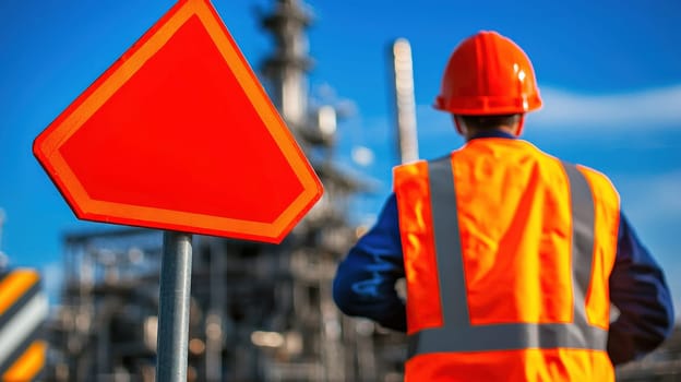 Safety worker in bright vest near warning sign at oil refinery site.