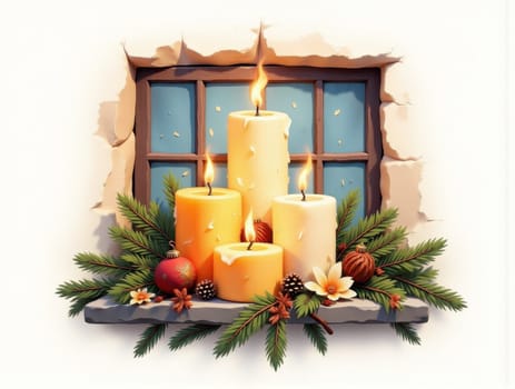 Three Candles Glow on a Window Sill Surrounded by Evergreen Branches and Glass Ornaments. A Cozy Christmas and Thanksgiving Scene Evoking Warmth and Holiday Spirit. This enchanting image features three flickering candles placed on a window sill, casting a warm glow that enhances the festive atmosphere of Christmas and Thanksgiving. The candles are beautifully complemented by fresh evergreen branches and colorful glass ornaments, creating a charming holiday display. The soft light from the candles reflects off the ornaments, adding a magical touch to the scene. This cozy setup is perfect for capturing the essence of the holiday season, making it ideal for use in greeting cards, holiday decorations, or marketing materials focused on festive celebrations and home decor.