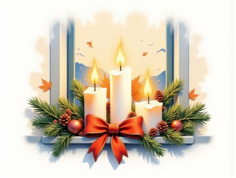 Three Candles Glow on a Window Sill Surrounded by Evergreen Branches and Glass Ornaments. A Cozy Christmas and Thanksgiving Scene Evoking Warmth and Holiday Spirit. This enchanting image features three flickering candles placed on a window sill, casting a warm glow that enhances the festive atmosphere of Christmas and Thanksgiving. The candles are beautifully complemented by fresh evergreen branches and colorful glass ornaments, creating a charming holiday display. The soft light from the candles reflects off the ornaments, adding a magical touch to the scene. This cozy setup is perfect for capturing the essence of the holiday season, making it ideal for use in greeting cards, holiday decorations, or marketing materials focused on festive celebrations and home decor.