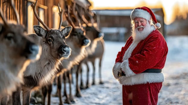 Santa Claus stands joyfully next to reindeer in snowy setting.