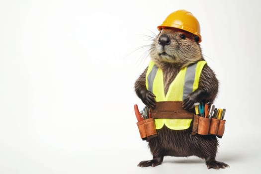 A playful beaver dressed in a safety vest and hard hat, equipped with tools. Perfect for themes of construction, creativity, and humor in wildlife illustration.