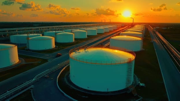Eco friendly biofuel storage tanks at sunset, showcasing sustainable energy.