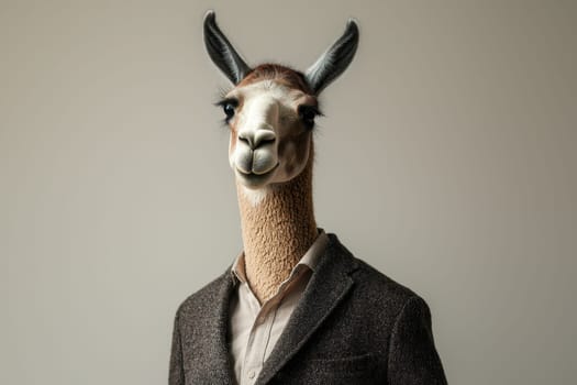 This charming portrait features a whimsical llama dressed in a suit, captured in a studio setting against a dark brown background, offering a unique blend of elegance and humor.