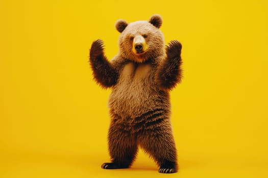 A playful bear dabbing with paws raised, set against a vibrant yellow background. This fun and energetic image captures a lighthearted moment, perfect for various creative projects.