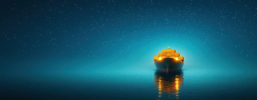 cargo ship illuminated at night, floating serenely on calm waters.