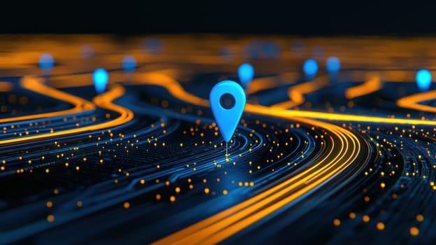Digital map with glowing markers and flowing lines creates vibrant scene.