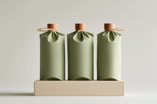 This image features elegant sustainable packaging designed with eco-friendly materials. The soft green containers create a beautiful display suitable for various products.