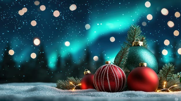 festive Christmas scene with colorful baubles and snowflakes.