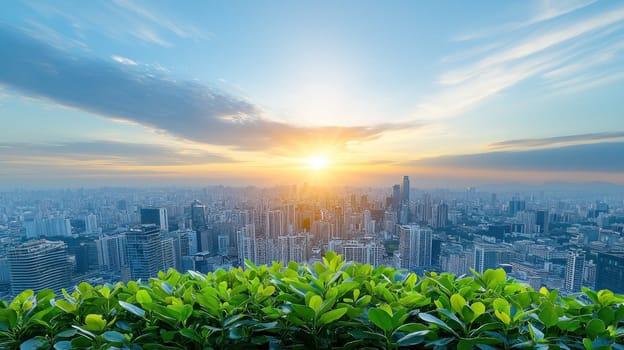 stunning cityscape at sunrise, showcasing vibrant skyline and lush greenery.