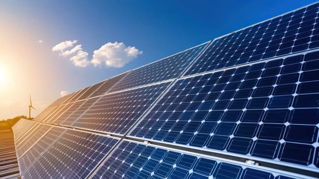 Harnessing solar energy with panels under bright sky and wind turbine.