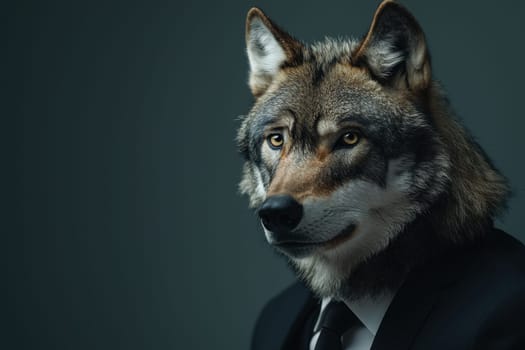 A striking portrait of a wolf wearing a black suit, blending elegance and wildness. This image captures a sharp, sophisticated expression in a captivating manner.