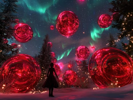 surreal landscape featuring oversized red baubles under starry sky.
