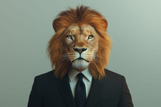 This captivating photorealistic image features a confident lion in a formal business suit, blending wild elegance with human professionalism. Perfect for creative projects.