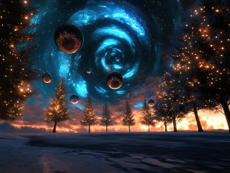 Surreal Christmas landscape with oversized baubles and cosmic sky.