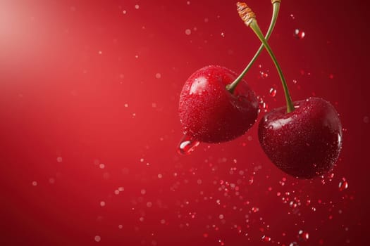 Captivating image of two juicy cherries floating in mid-air, with vibrant red background and droplets of water, perfect for food and nature themes.