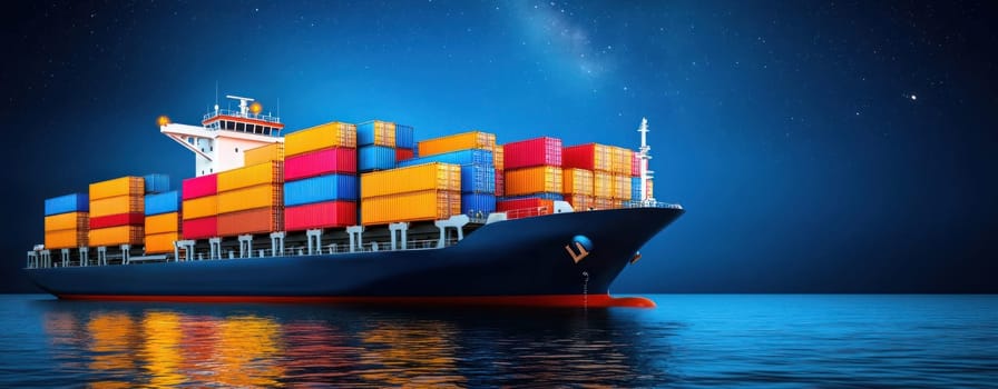 Nighttime view of cargo ship illuminated by deck lights on calm waters.