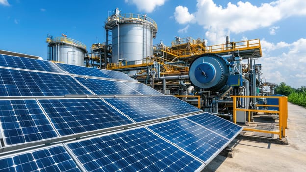 Harnessing renewable energy, solar panels complement biofuel plant.