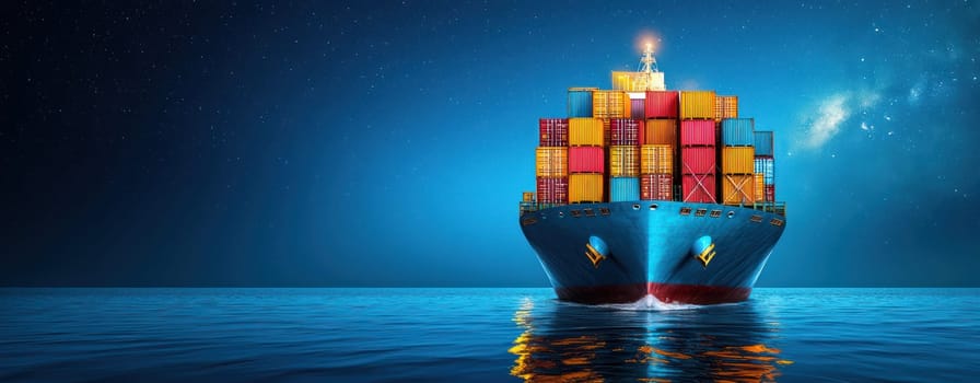 cargo ship illuminated at night, surrounded by calm waters and starry sky.