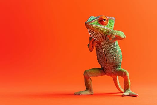A colorful chameleon strikes a playful dabbing pose against a bright orange background, showcasing its vibrant colors and unique features in this captivating wildlife portrait.
