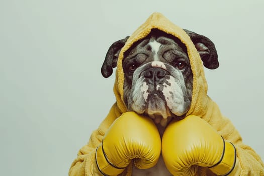 This photorealistic portrait features an adorable bulldog wearing a yellow hoodie and boxing gloves, showcasing its charming personality in a playful setting.