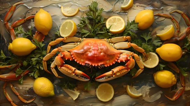 Fresh crab surrounded by lemons and greens, top view of seafood platter