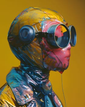 The person is wearing a yellow headgear and goggles for vision care. The glasses are tucked into the sleeve, resembling a work of art
