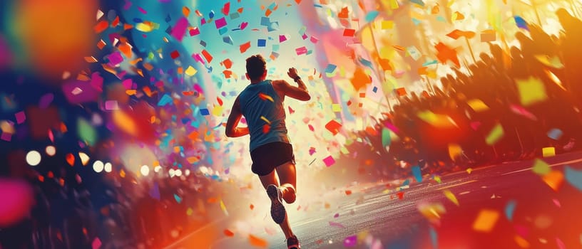 A dynamic image capturing a runner crossing the finish line amid a shower of colorful confetti. This scene embodies the spirit of athletic achievement and celebration.
