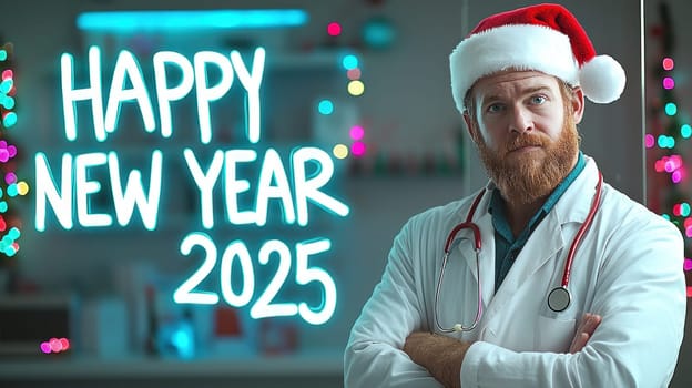 Happy New Year 2025 with male doctor in festive Santa hat.
