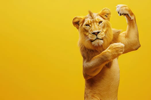 This striking image features a lion showcasing a cool expression against a vibrant yellow background. Perfect for creative and playful projects!