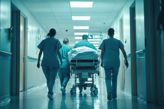 A medical team swiftly transports a patient on a gurney through a hospital hallway, embodying the urgency and dedication of healthcare professionals in action.