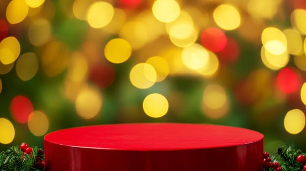 Empty red podium for product photography. Shiny blurred background with bokeh, baubles, decorated Christmas tree and spruce branches. Mockup pedestal on a table..