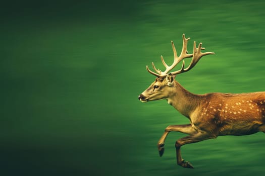 A graceful deer with impressive antlers leaps through a vibrant green background, capturing the essence of wildlife in motion. Perfect for nature themes.