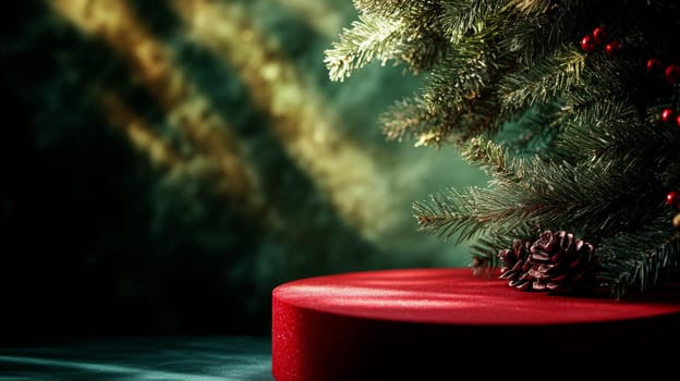 Empty red podium for product photography. Shiny blurred background with bokeh, baubles, decorated Christmas tree and spruce branches. Mockup pedestal on a table..