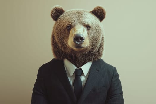 This striking photorealistic image features a bear dressed in a formal suit, blending wildlife and human characteristics. Perfect for creative projects.
