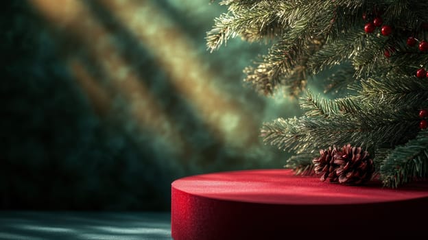 Empty red podium for product photography. Shiny blurred background with bokeh, baubles, decorated Christmas tree and spruce branches. Mockup pedestal on a table..