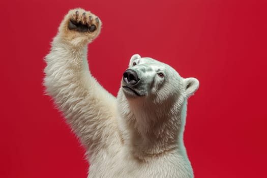 A playful polar bear dabbing with one arm against a bright red background. This whimsical shot captures the fun and spirited nature of this iconic species.